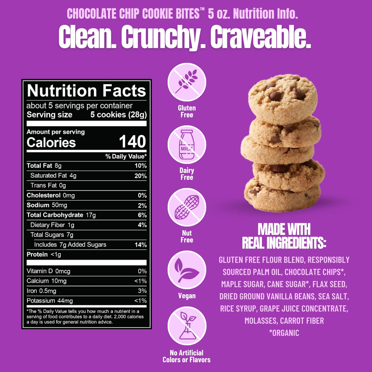 Every Body Eat Chocolate Chip Cookie Bites pack display highlighting convenient 5oz portions for sharing