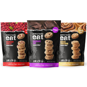 Every Body Eat Cookie Bites Chocolate Chip close-up, dairy-free indulgence for snack time.