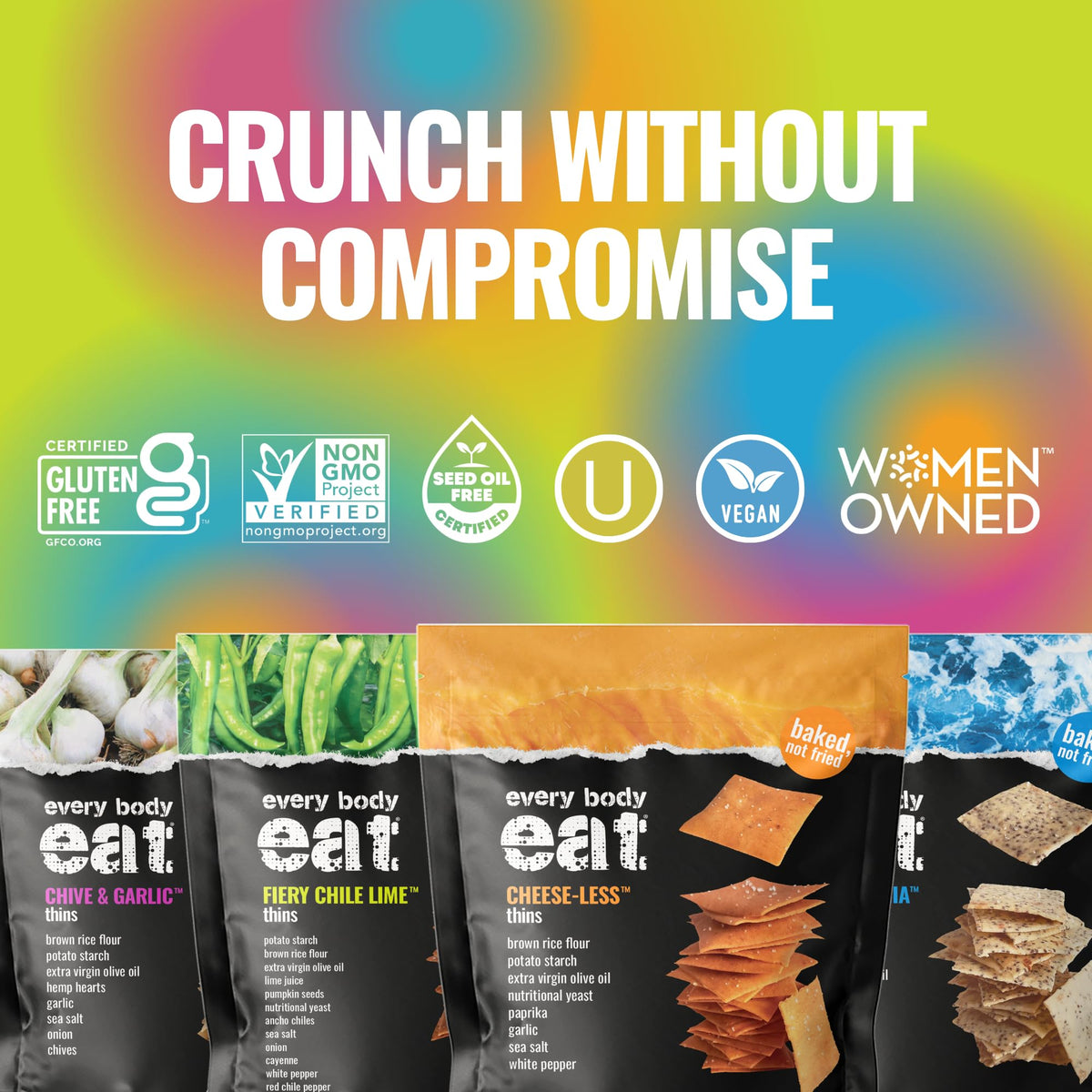 Every Body Eat corn-free crackers label emphasizes simple ingredients.