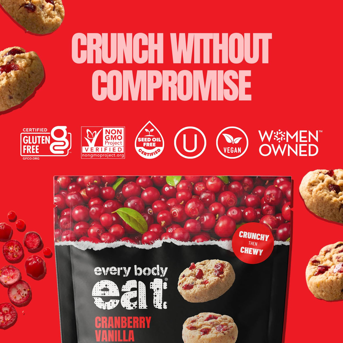 Every Body Eat Cranberry Vanilla Cookie Bites ingredient panel with clean, recognizable ingredients