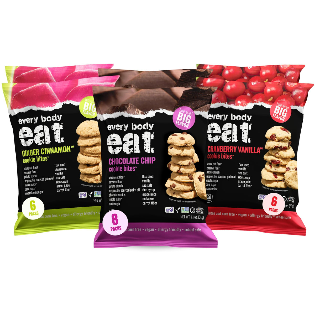 Every Body Eat Crunchy Cookie Bites variety pack hero, a family-friendly snack option.