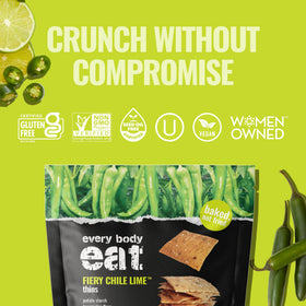 Every Body Eat Fiery Chile Lime crackers with guacamole ideal for festive gatherings.