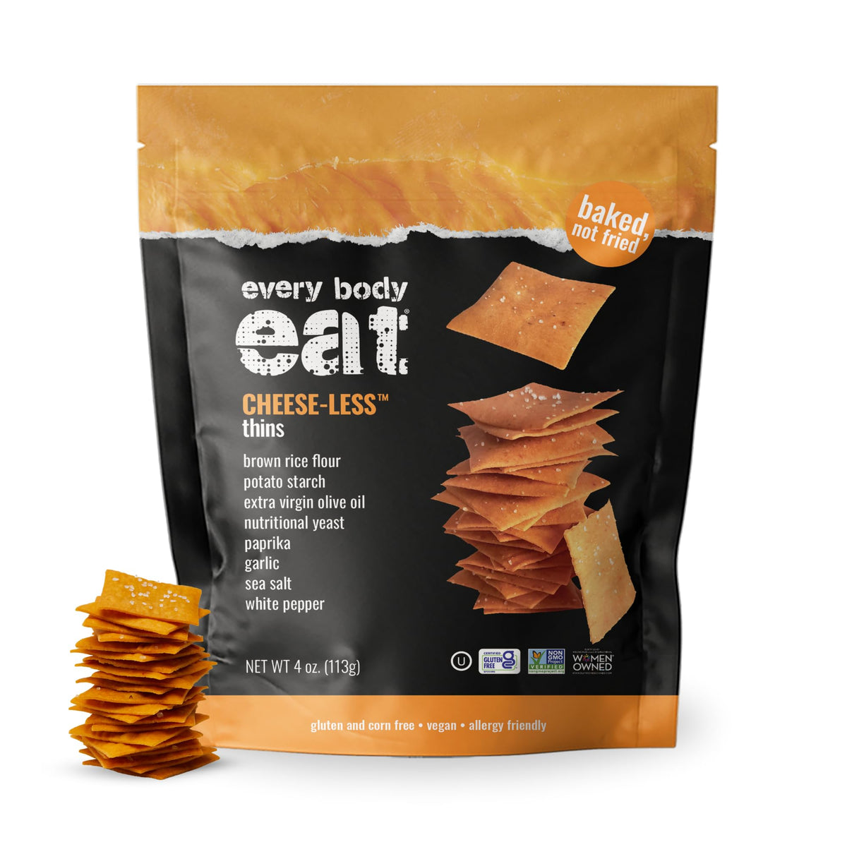 Every Body Eat gluten-free crackers cheddar-style pack 6-4oz, ideal for dairy-free snacking.
