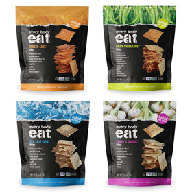 Every Body Eat gluten-free crackers variety-pack packaging highlights allergen-free snacking.