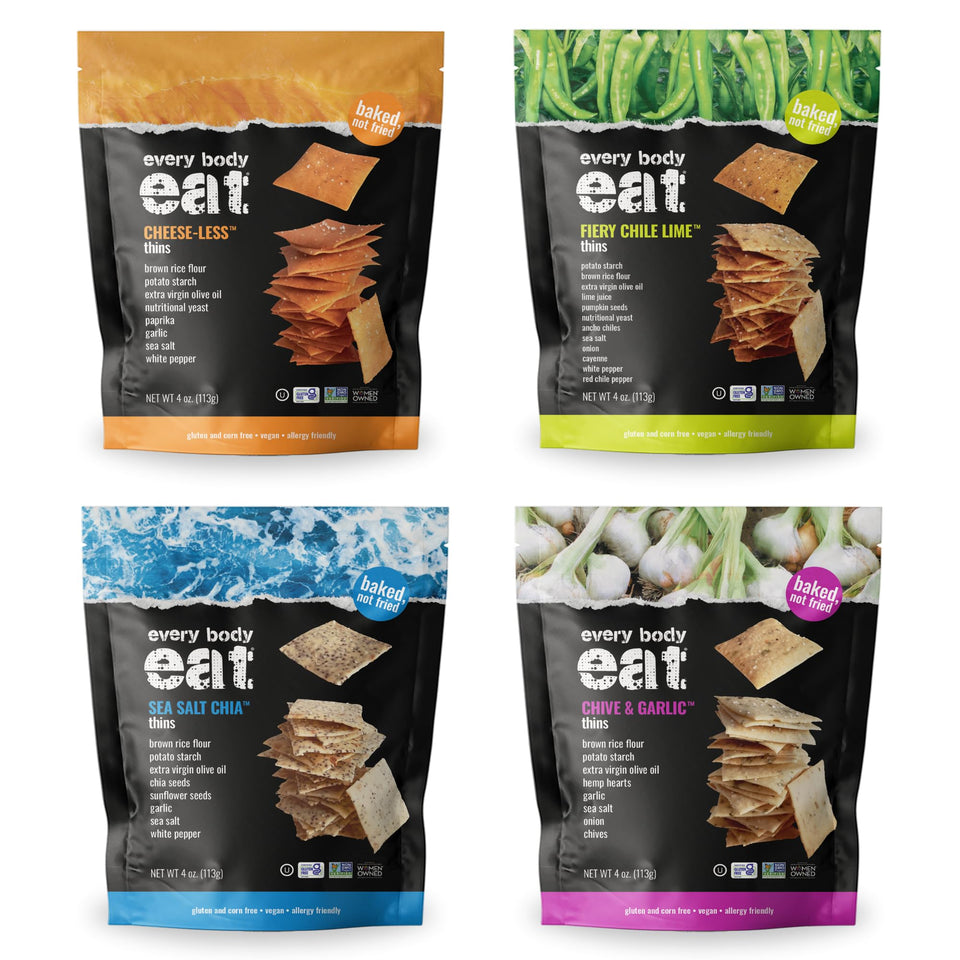 Every Body Eat gluten-free crackers variety-pack packaging highlights allergen-free snacking.