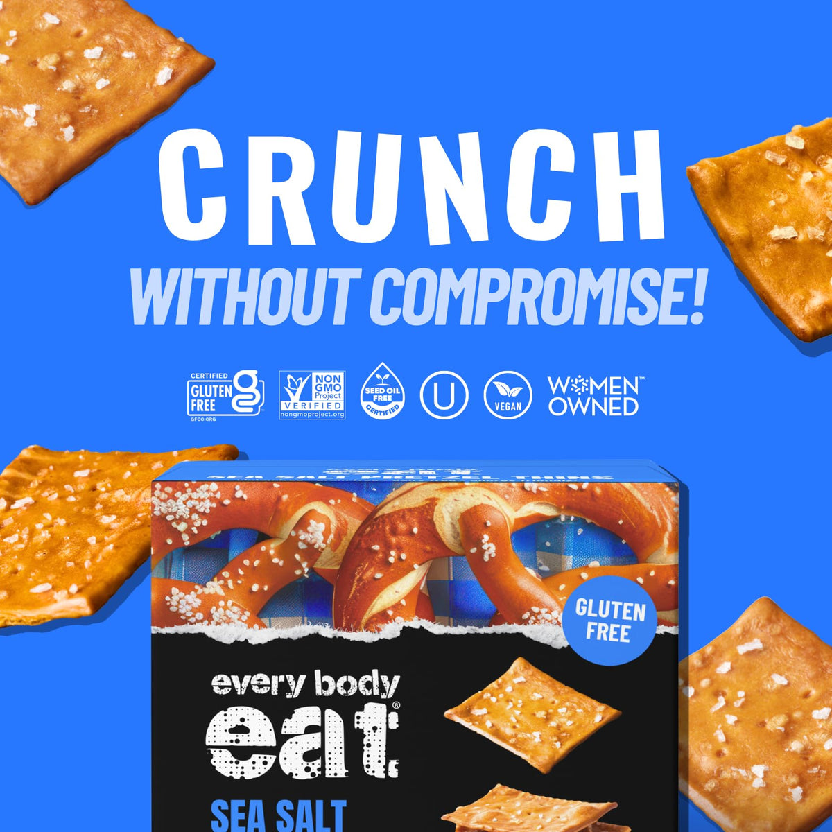 Every Body Eat gluten-free pretzels close-up emphasizes crispy, satisfying bite.