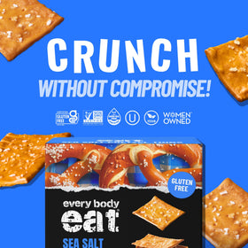 Every Body Eat gluten-free pretzels close-up emphasizes crispy, satisfying bite.