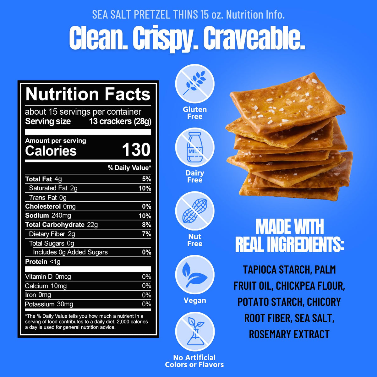 Every Body Eat Sea Salt Pretzel Thins bag close-up highlights clean ingredients.