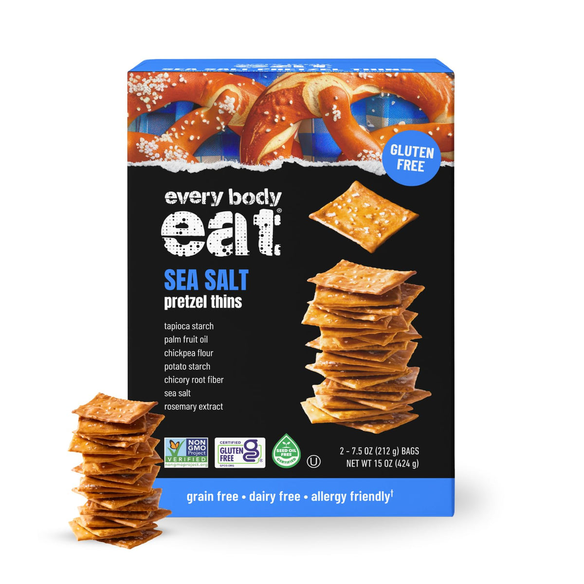 Every Body Eat Sea Salt Pretzel Thins front view shows thin, crisp texture.