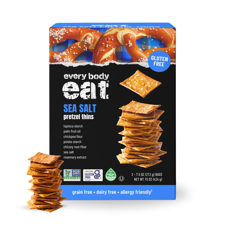 Every Body Eat Sea Salt Pretzel Thins front view shows thin, crisp texture.