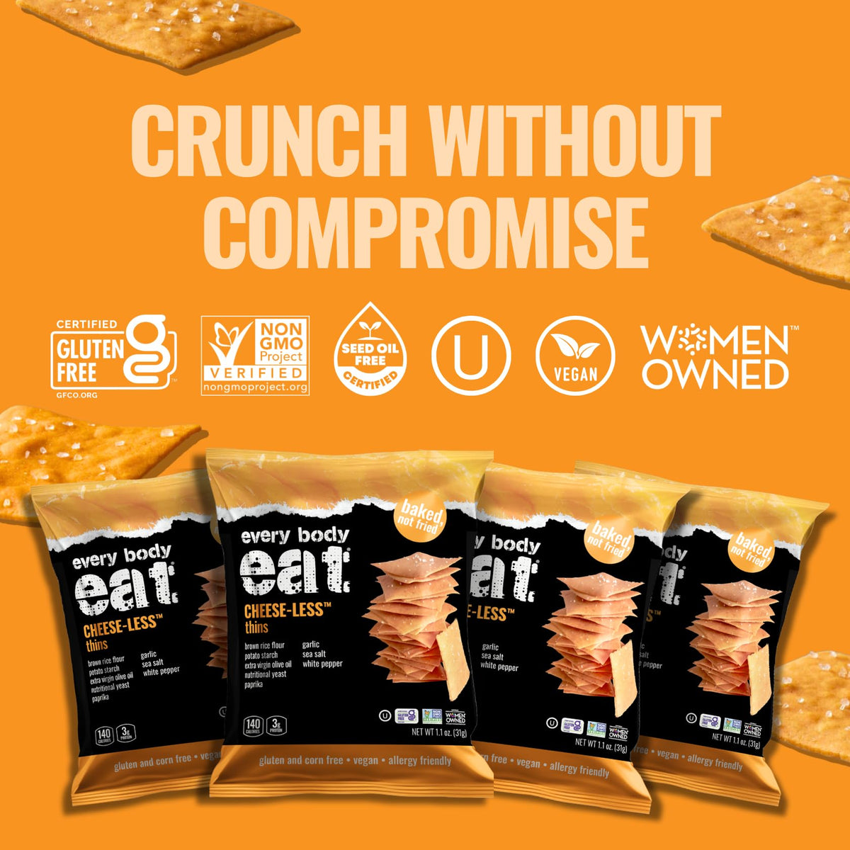 Every Body Eat Snack Thins Cheese-Less with dip, versatile snack-time pairing