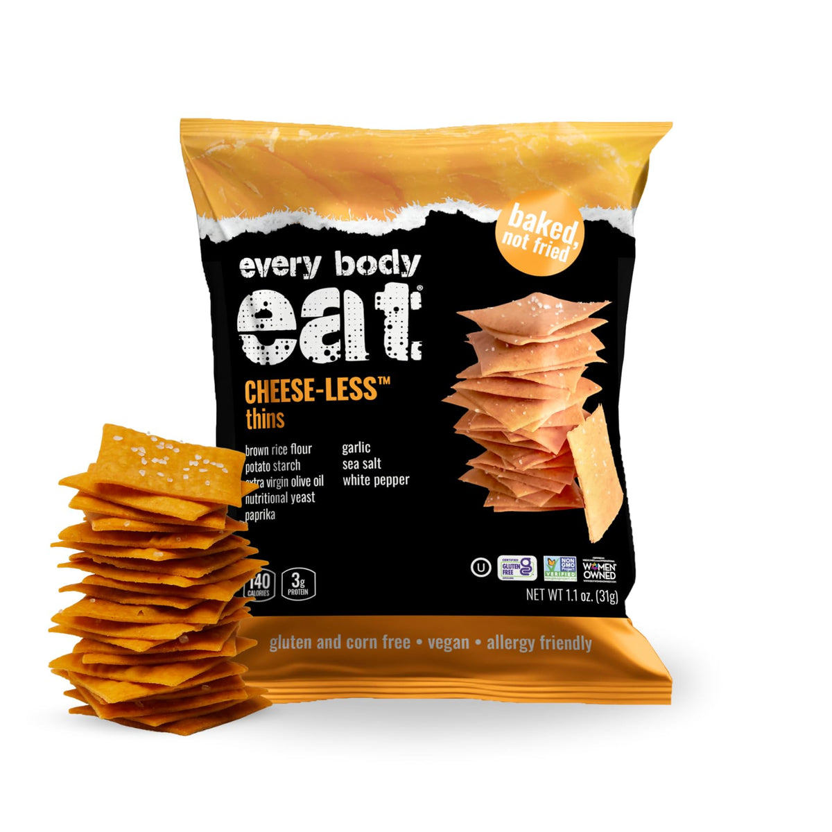 Every Body Eat Snack Thins Cheese-Less pack close-up, allergen-free crackers for everyday snacking