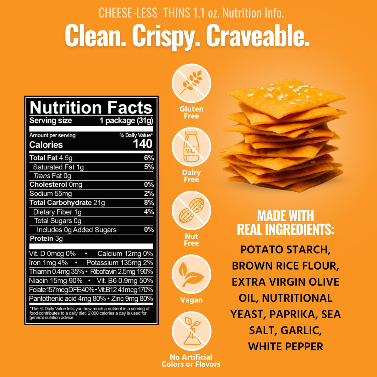 Every Body Eat Snack Thins Cheese-Less vegan ingredients on display, clean gluten-free option