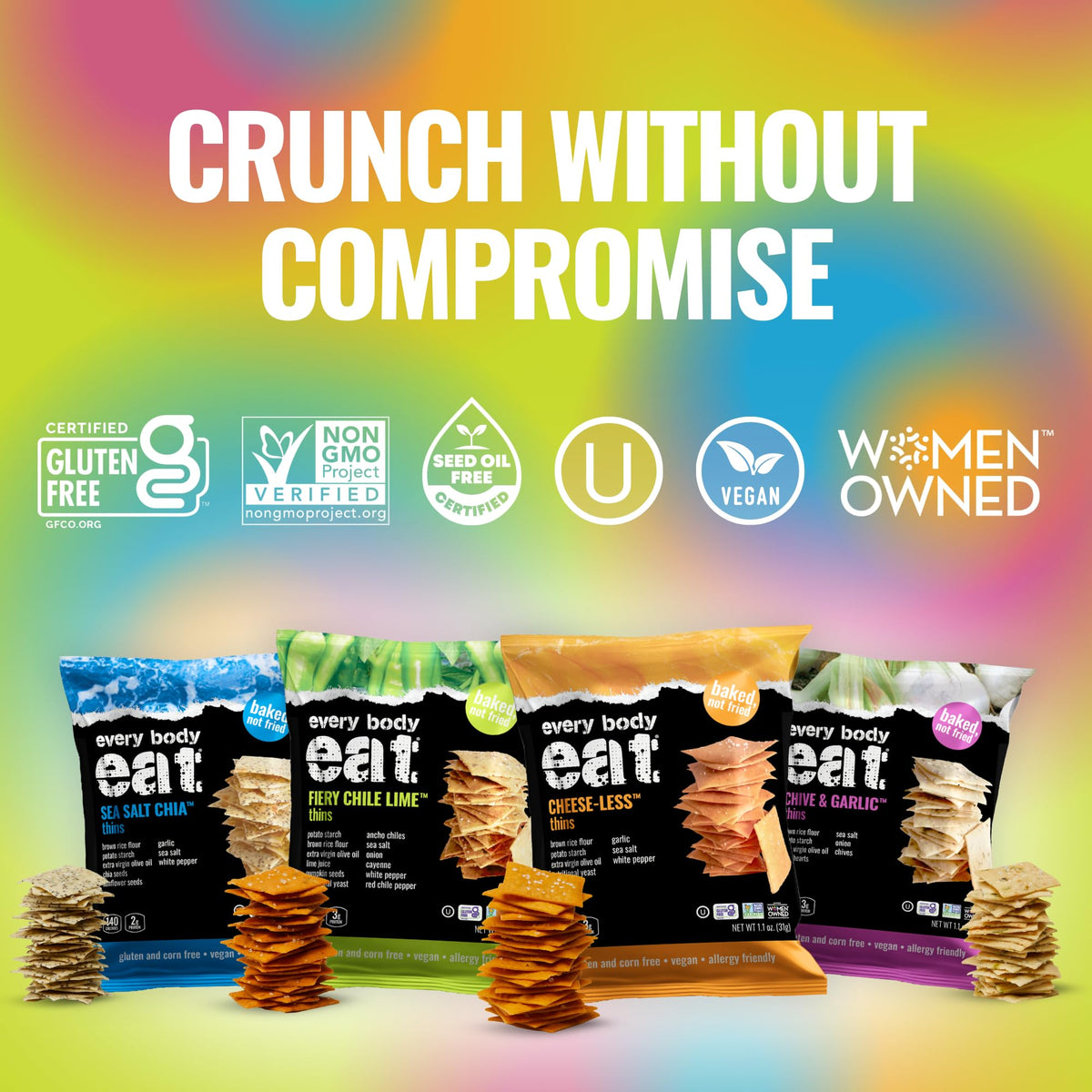 Every Body Eat Snack Thins dip-friendly usage, versatile for toppings or enjoying plain.