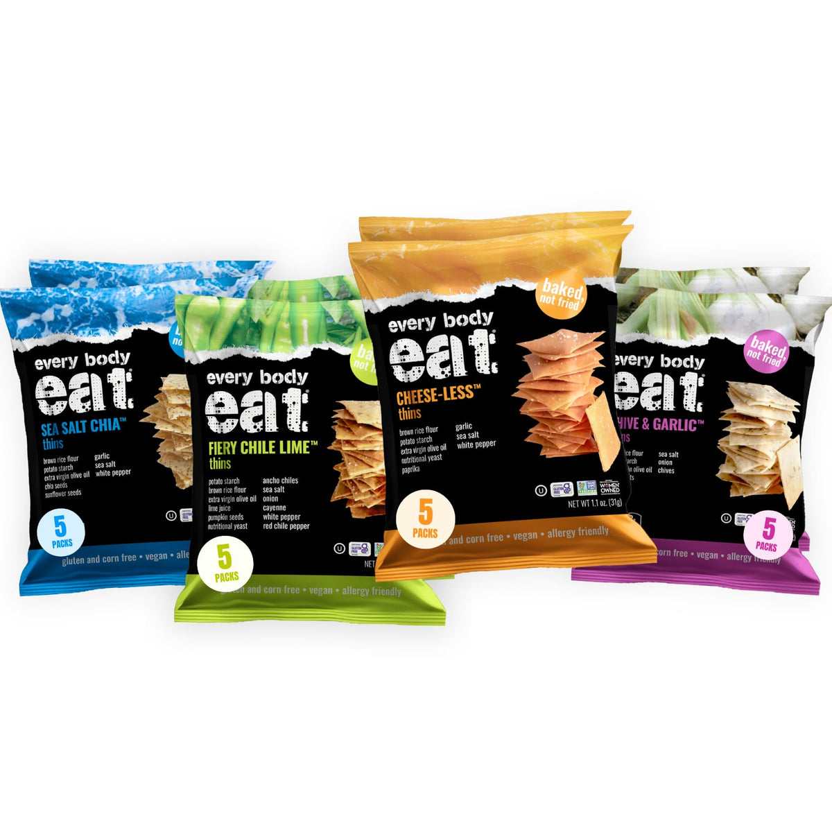 Every Body Eat Snack Thins variety pack front view, ideal for gluten-free snacking.