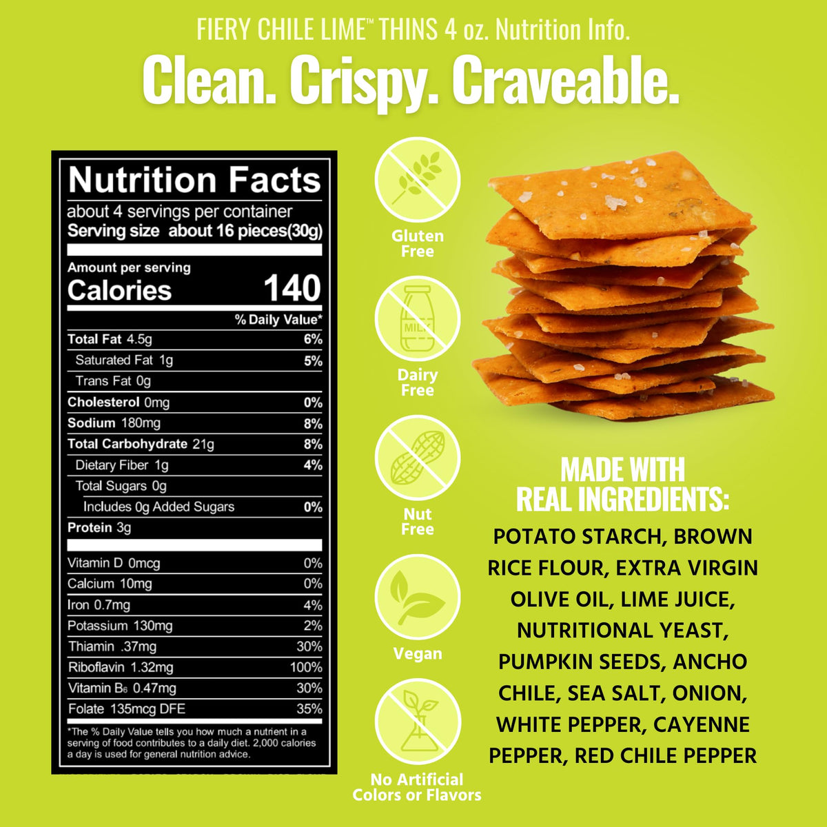 Every Body Eat Fiery Chile Lime Cracker Thin pack-back view highlighting gluten-free, vegan-friendly ingredients.