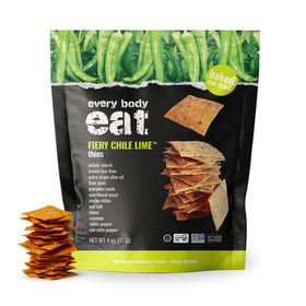 Every Body Eat Fiery Chile Lime Cracker Thin pack front, ideal for on-the-go spicy snacking.