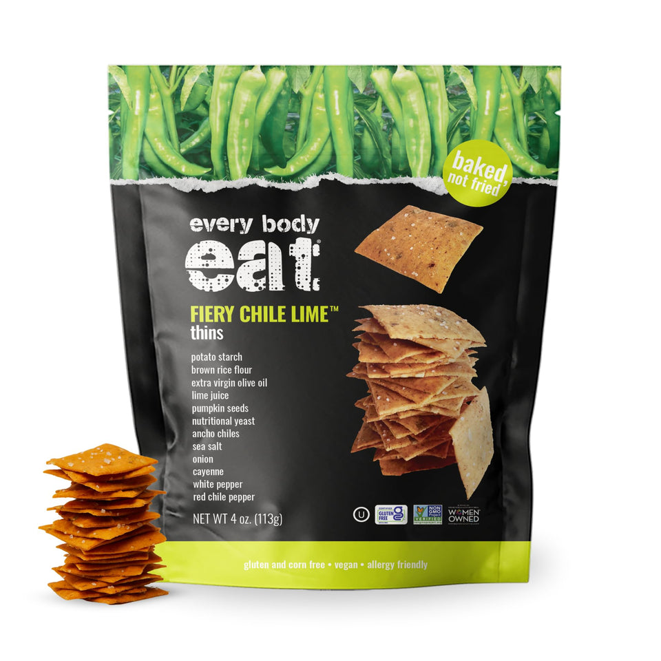 Every Body Eat Fiery Chile Lime Cracker Thin pack front, ideal for on-the-go spicy snacking.
