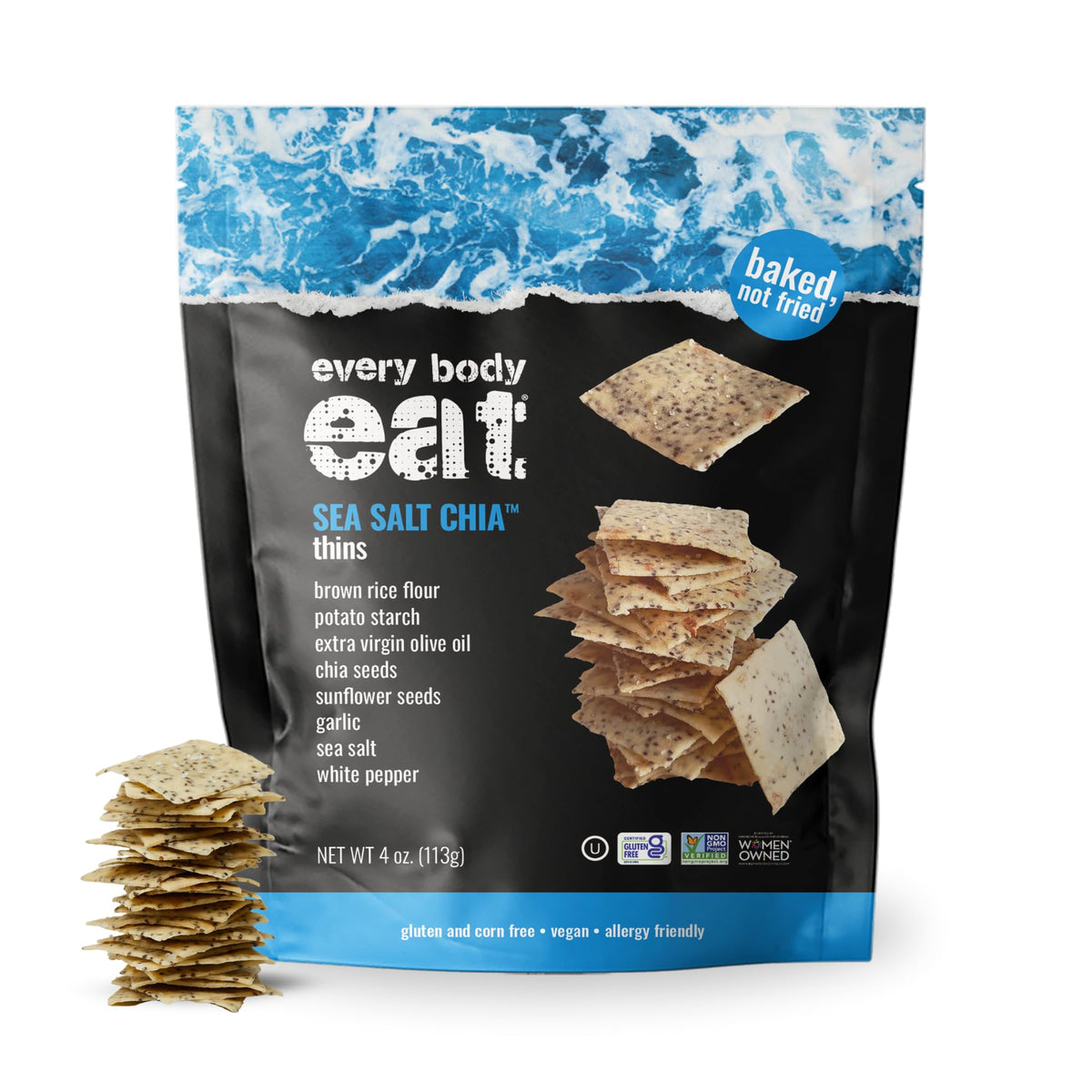 Every Body Eat gluten-free crackers with sea salt and chia on the front pack, ready to snack.