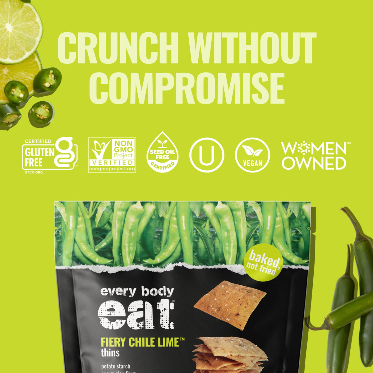 Every Body Eat Gluten-Free Vegan Dairy-Free Cracker Thin pack front emphasizes allergy-friendly snacking.