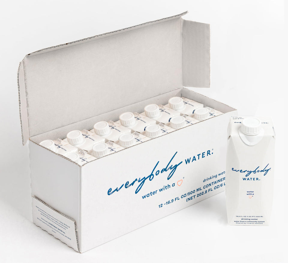 Everybody Water boxed water 12-pack front view highlighting convenient eco-friendly cartons.