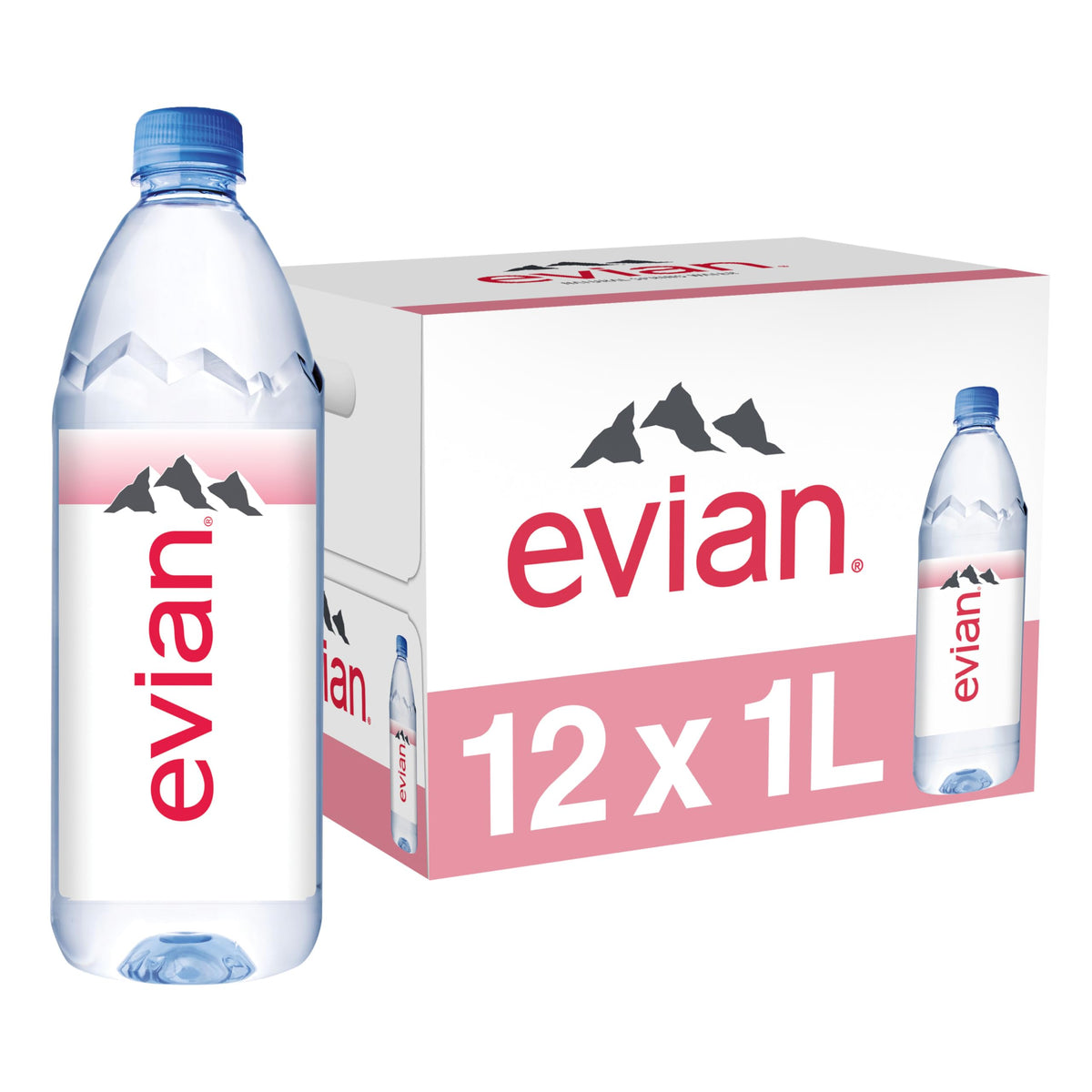 Evian 1L bottle front view for everyday hydration on the go.