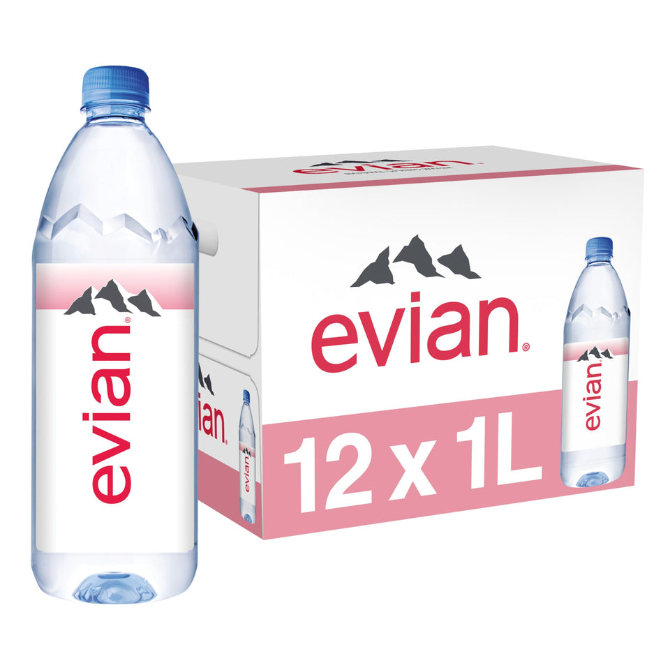 Evian 1L bottle front view for everyday hydration on the go.