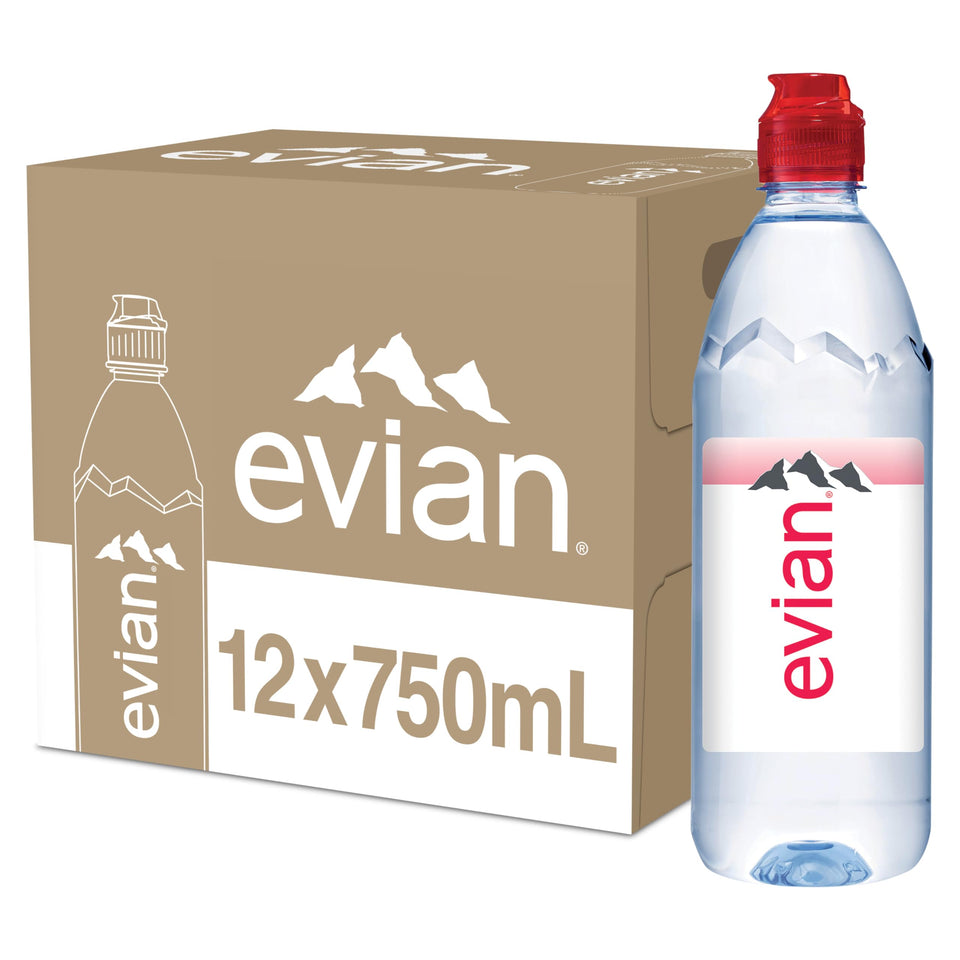 evian 750ml bottle with sports cap for convenient on-the-go hydration.