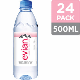 evian bottle label close-up showing pure spring water and mineral balance