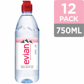 evian natural spring water served in a glass to highlight purity.