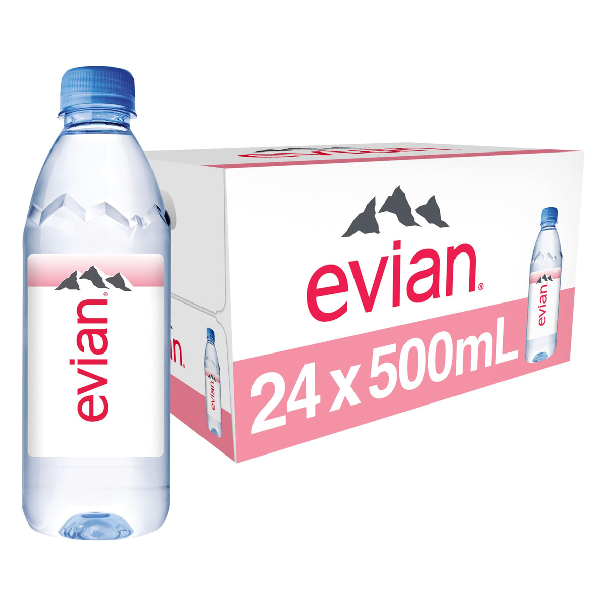 evian 24-pack bottles front view for bulk hydration at home, work, or gym