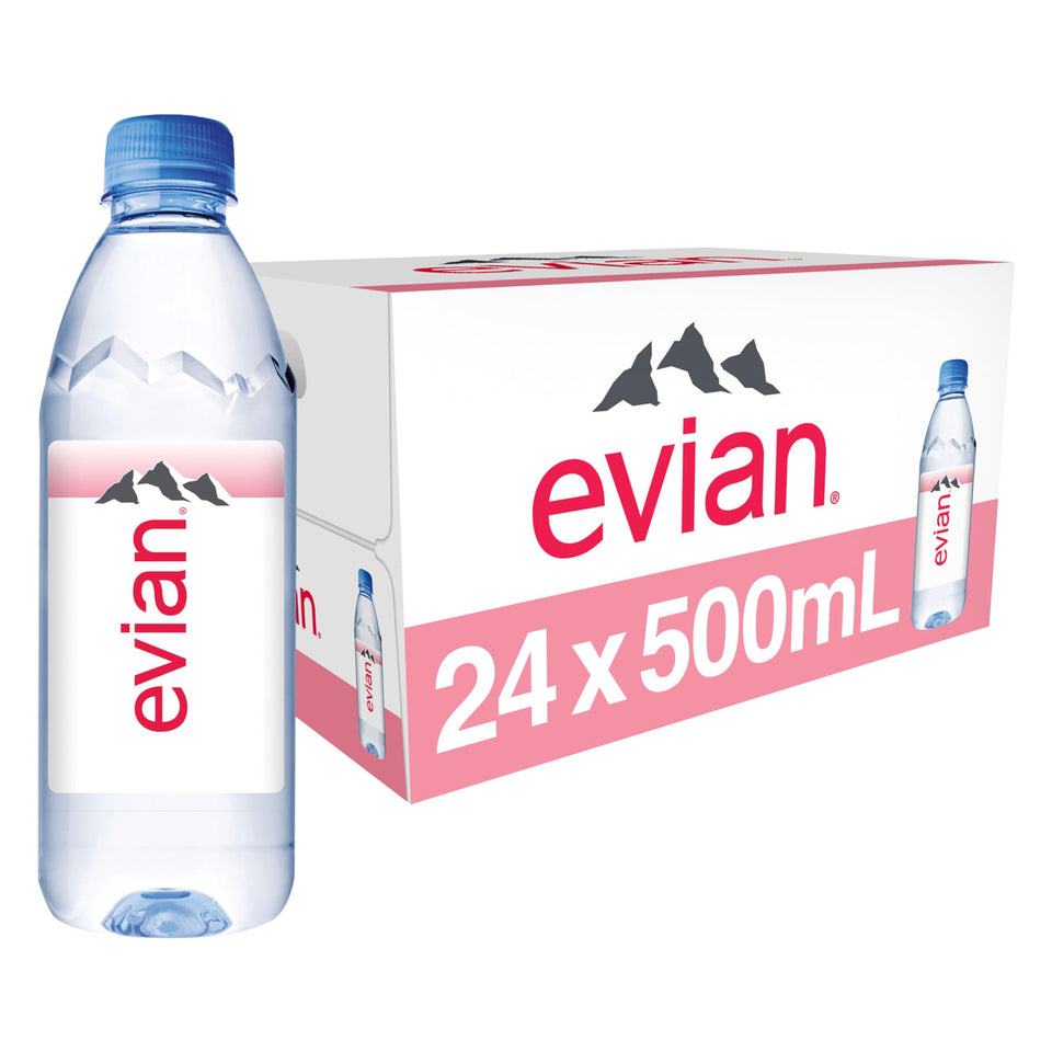 evian 24-pack bottles front view for bulk hydration at home, work, or gym