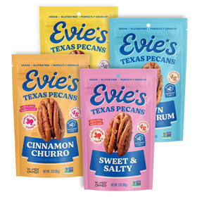 Evie's Pecans variety pack four flavors, ideal for on-the-go snacking.