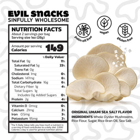 EVIL SNACKS Whole mushroom caps in a bag highlighting crunchy bite
