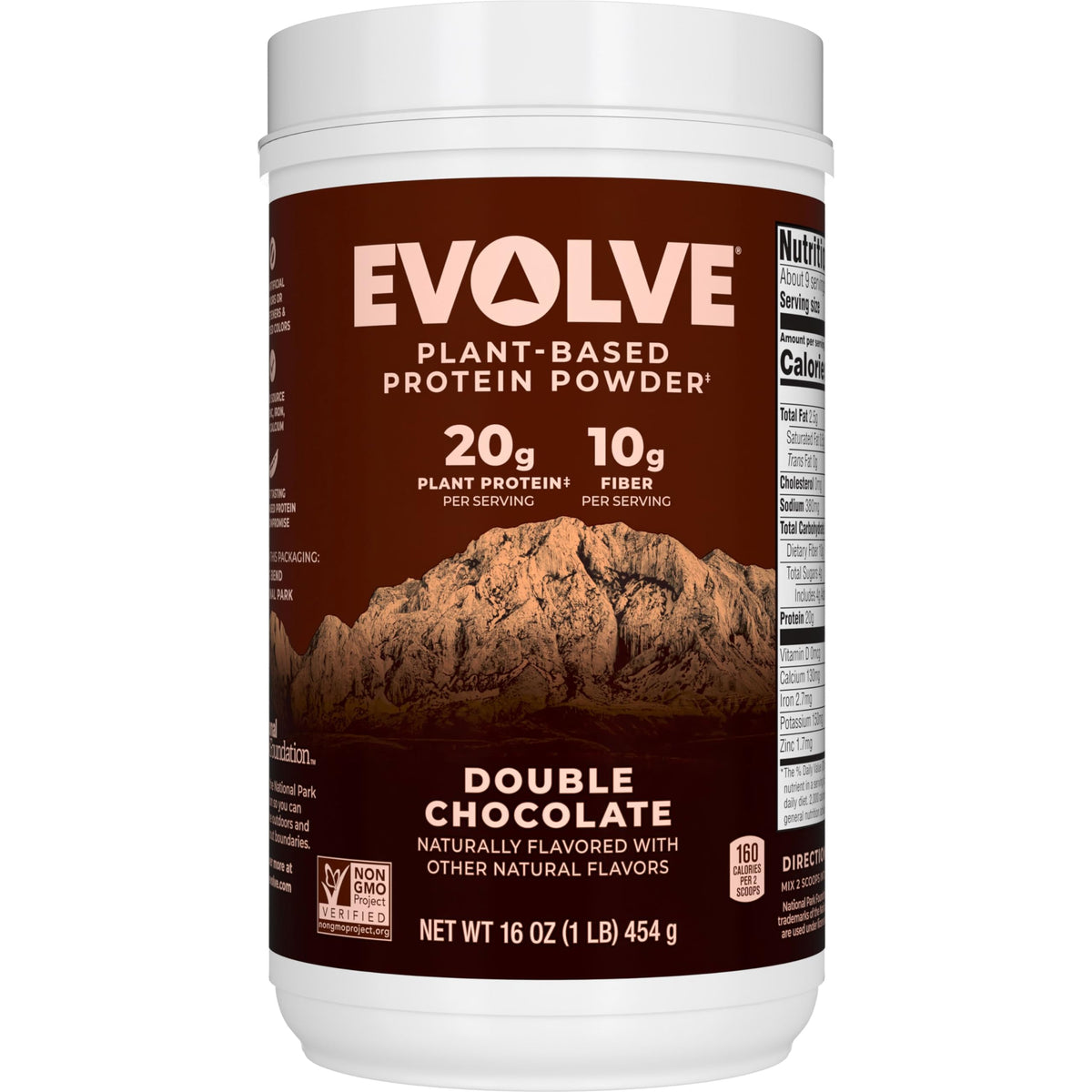 Evolve Protein Powder Classic Chocolate tin front view boosts plant-powered energy