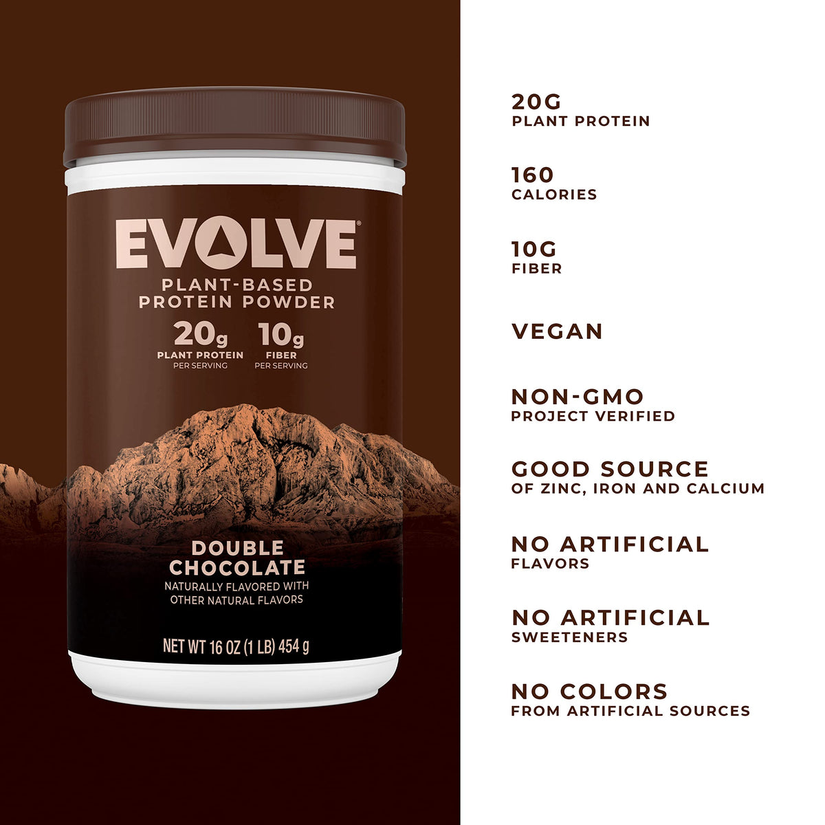 Evolve Classic Chocolate protein powder nutrition panel highlights 20g protein