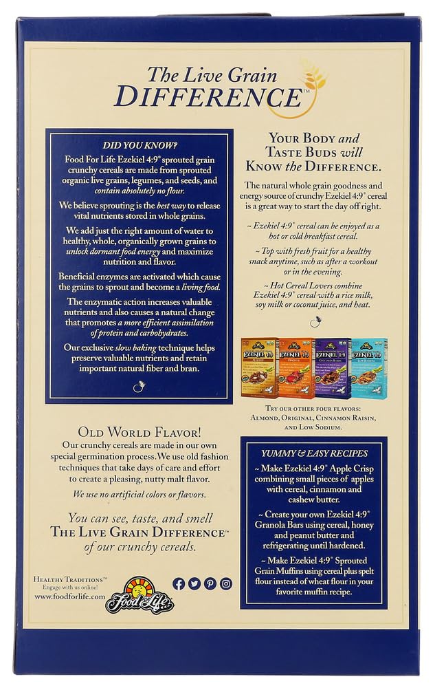 Evonature Ezekiel 4:9 Golden Flax Cereal grains close-up, featuring organic sprouted grains.