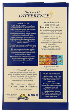 Evonature Ezekiel 4:9 Golden Flax Cereal grains close-up, featuring organic sprouted grains.