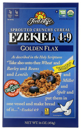 Evonature Ezekiel 4:9 Golden Flax Cereal pack image, highlighting a high-fiber breakfast option.