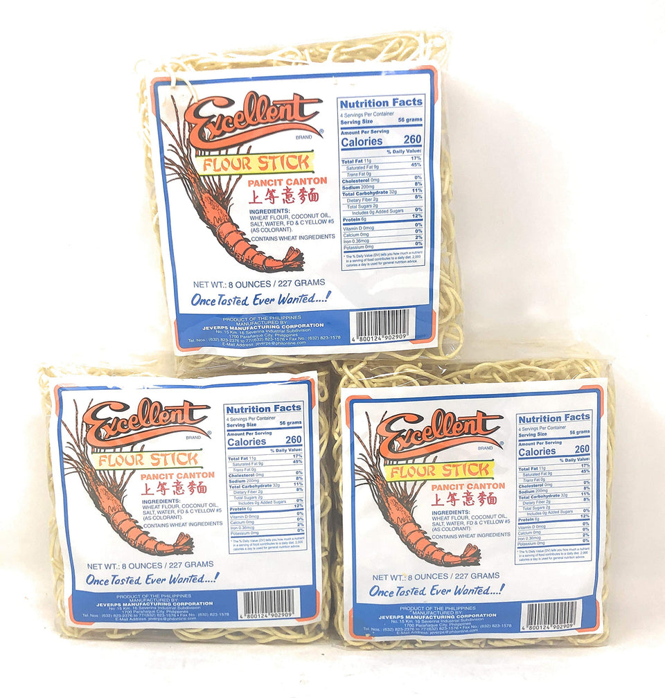 Excellent Pancit Canton Noodles 3-pack front view, convenient meal option for busy weeknights.
