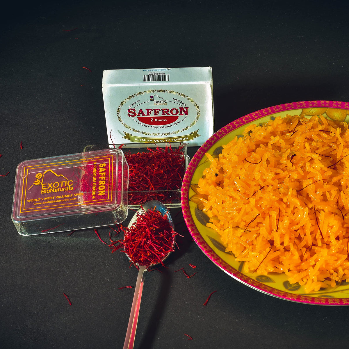 A cup of EXOTIC BioNaturals saffron tea brew with warm tones.