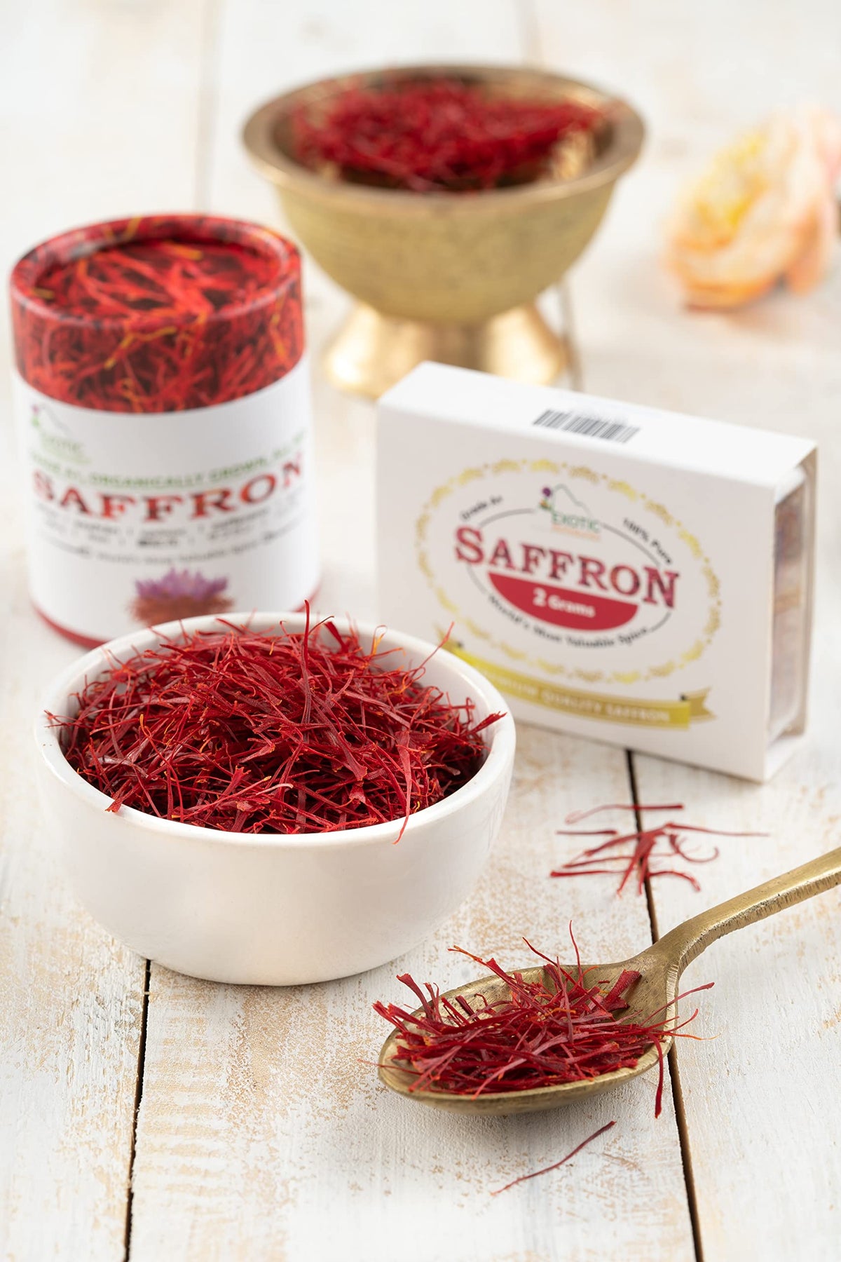 Close-up of EXOTIC BioNaturals saffron threads highlighting vibrant color and aroma.