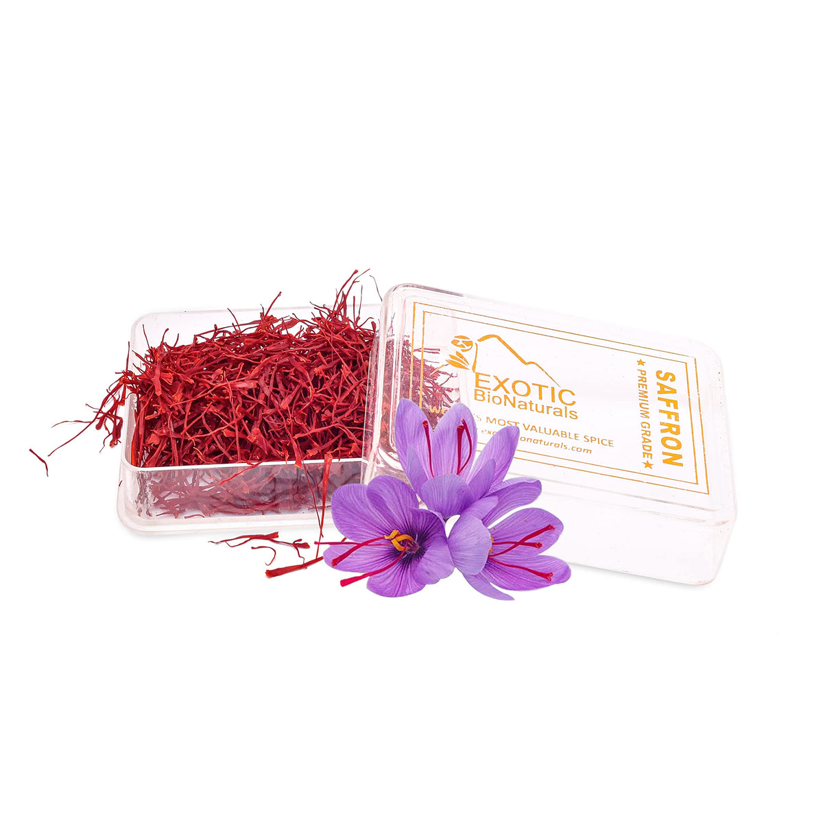 EXOTIC BioNaturals saffron threads packshot shows premium quality for refined dishes.