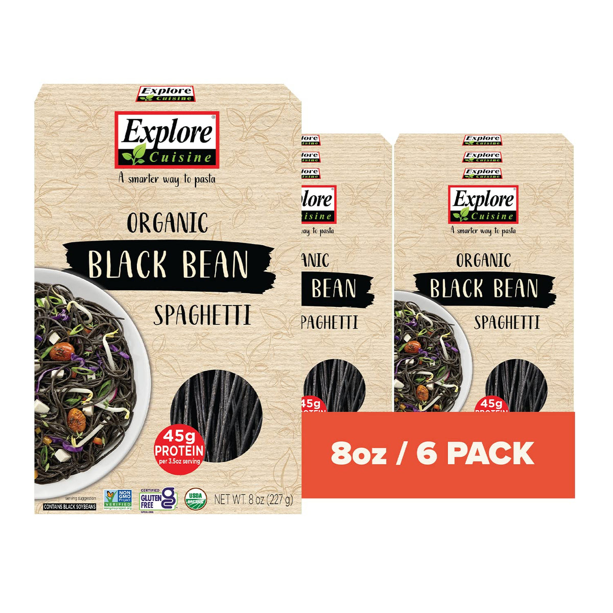 Explore Cuisine Black Bean Spaghetti pack with 6-8 oz portions for easy, plant-based meals.