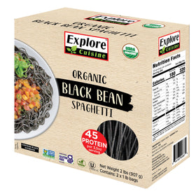 Explore Cuisine black bean spaghetti packaging highlighting high-protein, plant-based pasta.