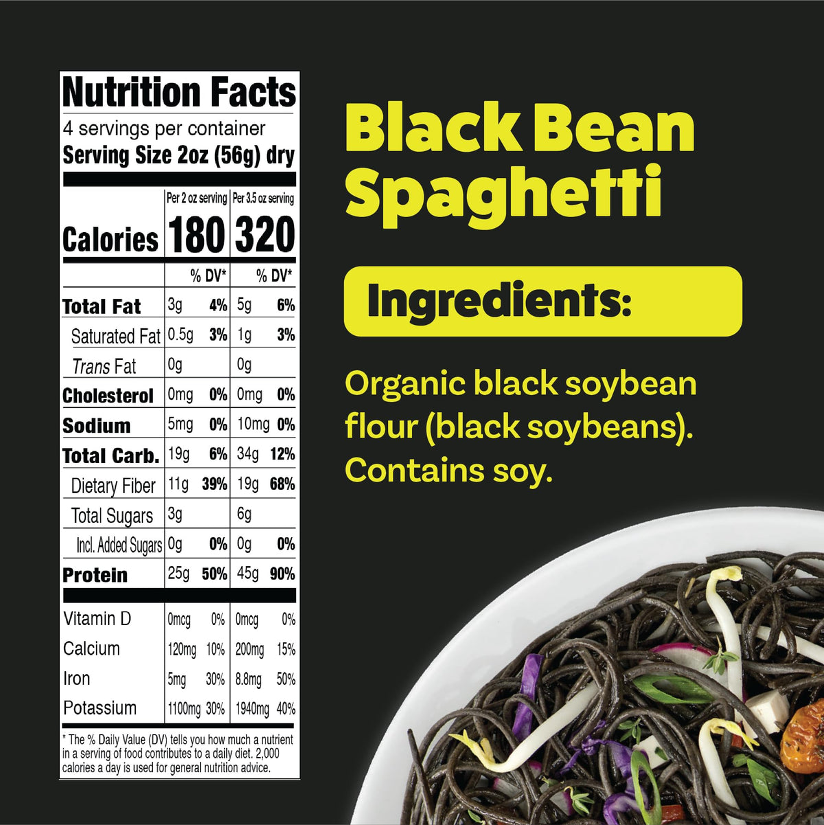 Uncooked spaghetti strands showcase the gluten-free pasta made from organic black beans.