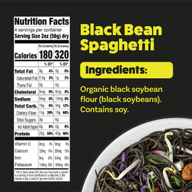 Uncooked spaghetti strands showcase the gluten-free pasta made from organic black beans.