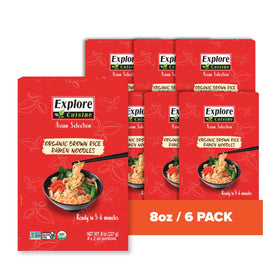 Explore Cuisine brown rice ramen pack showing six-pack for easy weeknight meals.