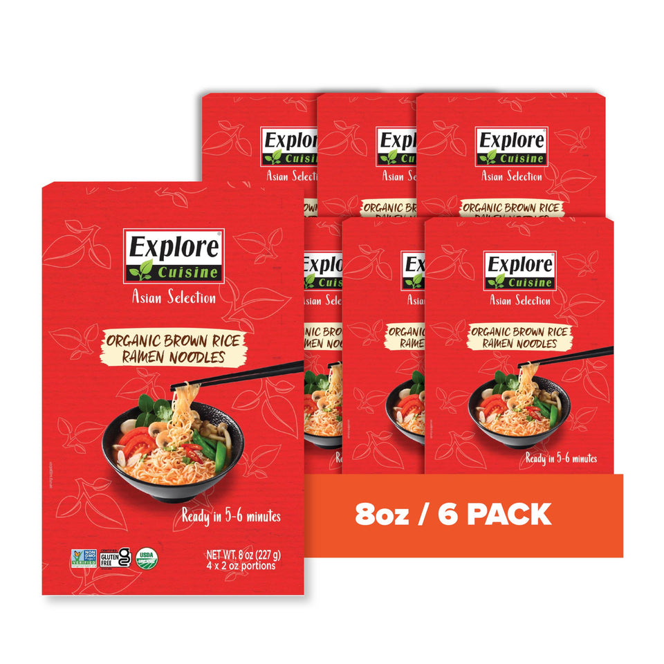 Explore Cuisine brown rice ramen pack showing six-pack for easy weeknight meals.