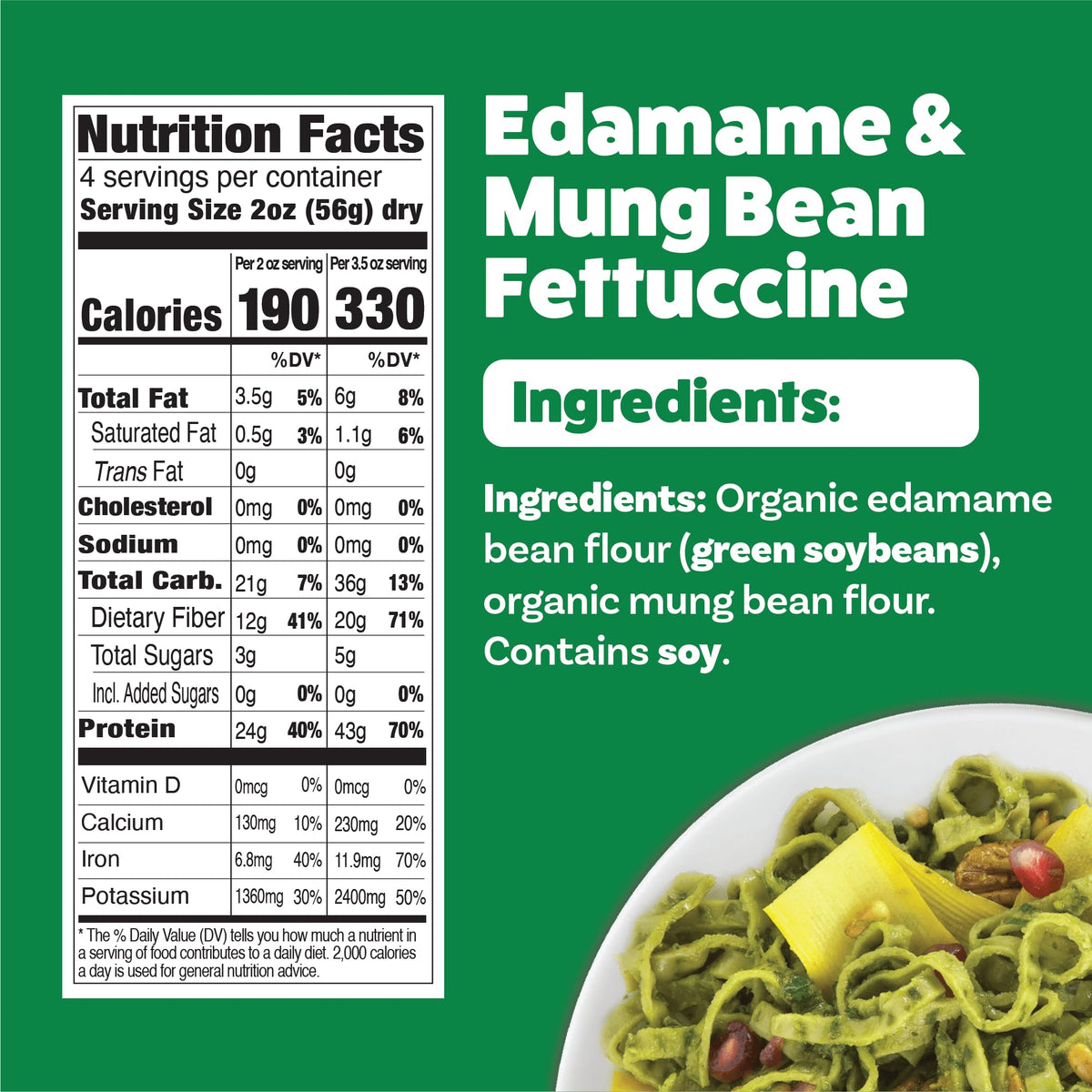 EXPLORE CUISINE Edamame & Mung Bean Fettuccine ingredients image emphasizes simple organic components.